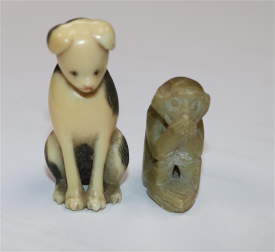 A Japanese okimono of a dog, a Canton ivory counter box and other objects of vertu